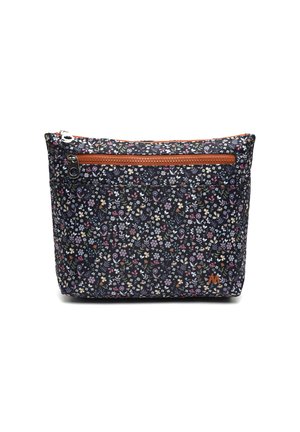 Blumenmuster Stoffbeutel mit navy Hintergrund, orangefarbenem Reißverschluss und braunem Akzentlogo. Rechteckige Form, strukturierte Oberfläche.
