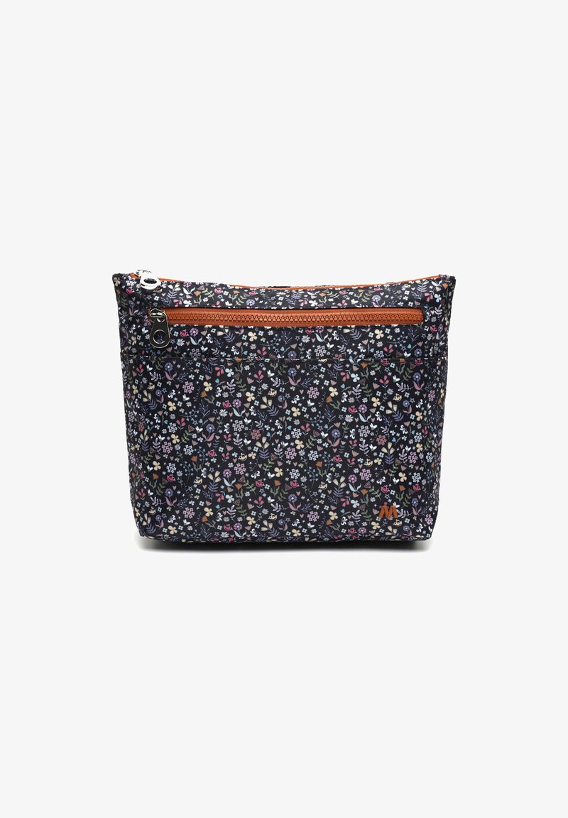 Lille lille, millel on lilleline muster, tumesinise taustaga, oranž tõmblukk ja pruun aktsentlogo. Ristkülikuline kuju, tekstureeritud pind.