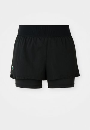 Black athletic shorts with a pleated outer layer and inner fitted shorts. Features a ribbed waistband for comfort and flexibility.