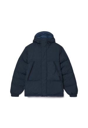 Navy puffer jacket with a hood, featuring a zip closure, two front pockets, and elasticized cuffs. Smooth texture with a lightweight design.
