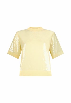 Gul kortærmet top med palietbelagt front. Letvægtsmateriale, rund halsudskæring og ensfarvet ryg. Blød tekstur og afslappet pasform.