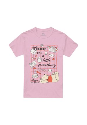 Pink T-shirt with Winnie the Pooh lying on a picnic blanket surrounded by food and text "Time for a little something."