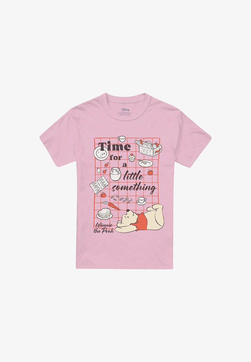 Pink T-shirt with Winnie the Pooh lying on a picnic blanket surrounded by food and text "Time for a little something."