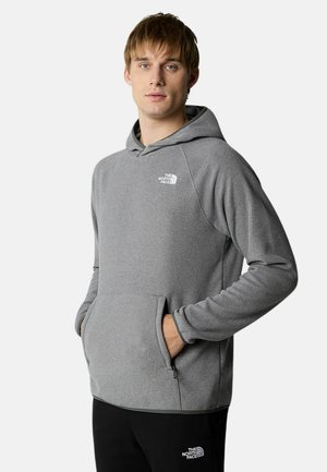 Sudadera de felpa gris con bolsillo canguro y capucha con cuerda, que presenta el logo de The North Face en el pecho y puños de ribete.