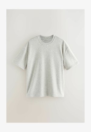 Gray short-sleeve cotton t-shirt with a crew neck, featuring a soft texture and a relaxed fit, without any visible patterns or graphics.