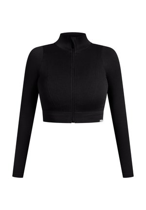 Zwarte cropped zip-up trui met lange mouwen, geribbelde textuur, hoge kraag en een klein logo-accent nabij de zoom.