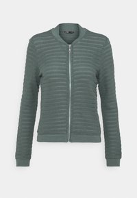 Groene cardigan met ritssluiting, voorzien van getextureerde horizontale strepen, geribbelde manchetten en zoom, en een ronde kraag. Gemaakt van een gebreide stof.