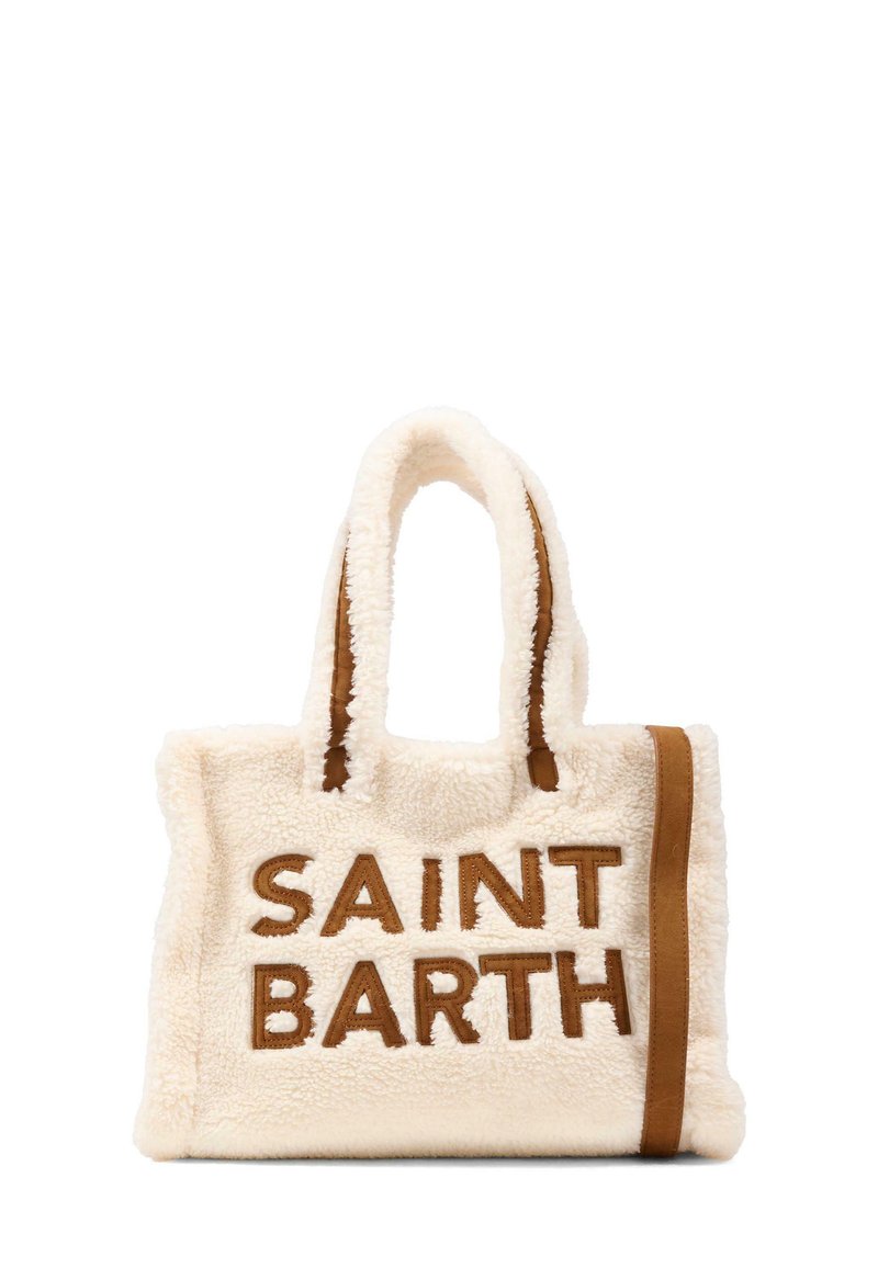 Borsa tote in pile color crema con accenti in pelle marrone, caratterizzata da "SAINT BARTH" in lettere cucite in grassetto sul davanti.
