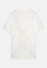 White cotton t-shirt with short sleeves, crew neck, and a smooth texture. Featuring a small logo on the left sleeve. Plain back design.
