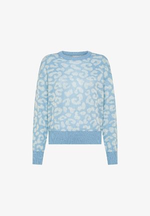 Maglione azzurro chiaro realizzato in un morbido tessuto testurizzato con un motivo a stampa leopardata bianca. Presenta un collo a giro e polsini a costine.