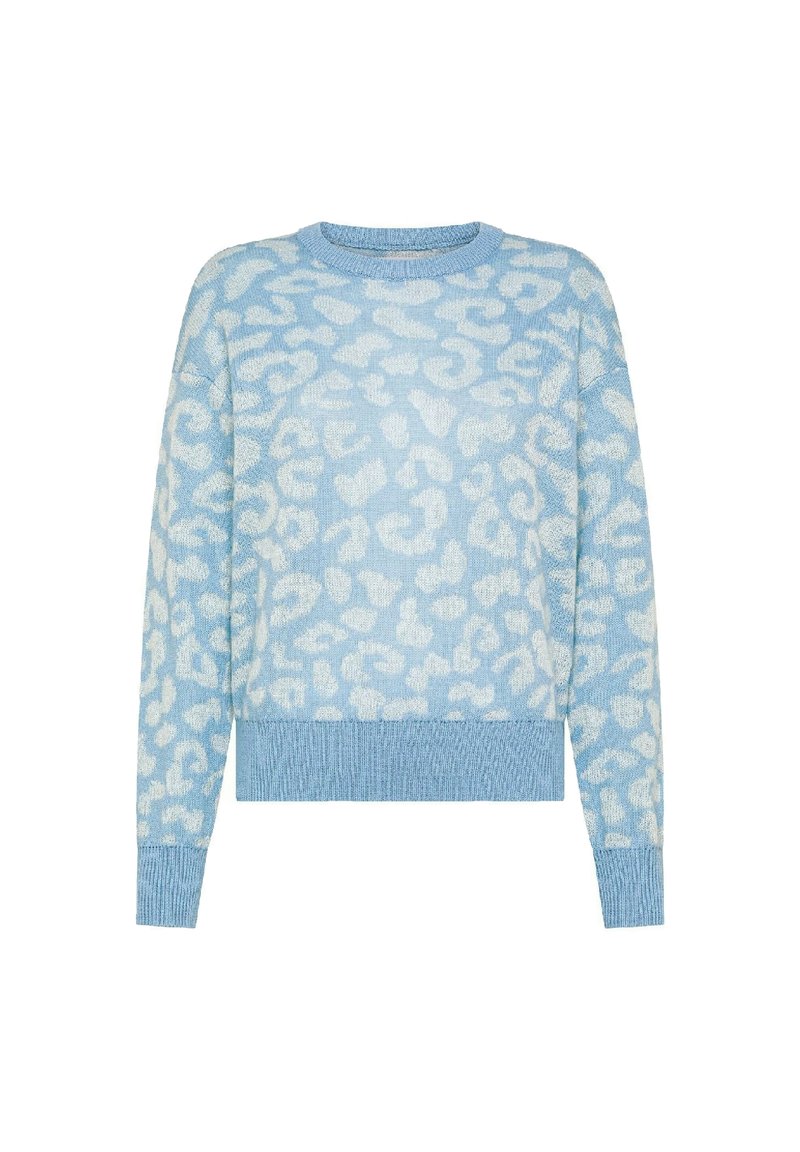 Maglione azzurro chiaro realizzato in un morbido tessuto testurizzato con un motivo a stampa leopardata bianca. Presenta un collo a giro e polsini a costine.