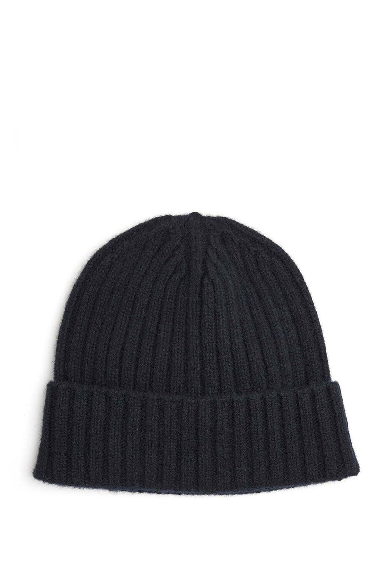Neulottu musta pipomafia, jossa on uurrettu pinta ja taitettava cuff. Yläosa on pyöreä, ja sen pinnassa on pystysuoria urakuvioita.