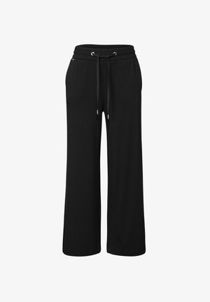 Pantaloni sportivi neri a gamba larga con vita elasticizzata, coulisse regolabile e tasche laterali; realizzati in tessuto morbido e traspirante.