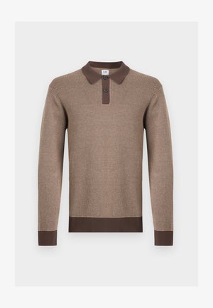 Brūns garroku trikotāžas polo krekls ar tumši brūnu apkakli, divu pogu rāvējslēdzēju, aprocēm un malu, attēlots uz baltas fona.