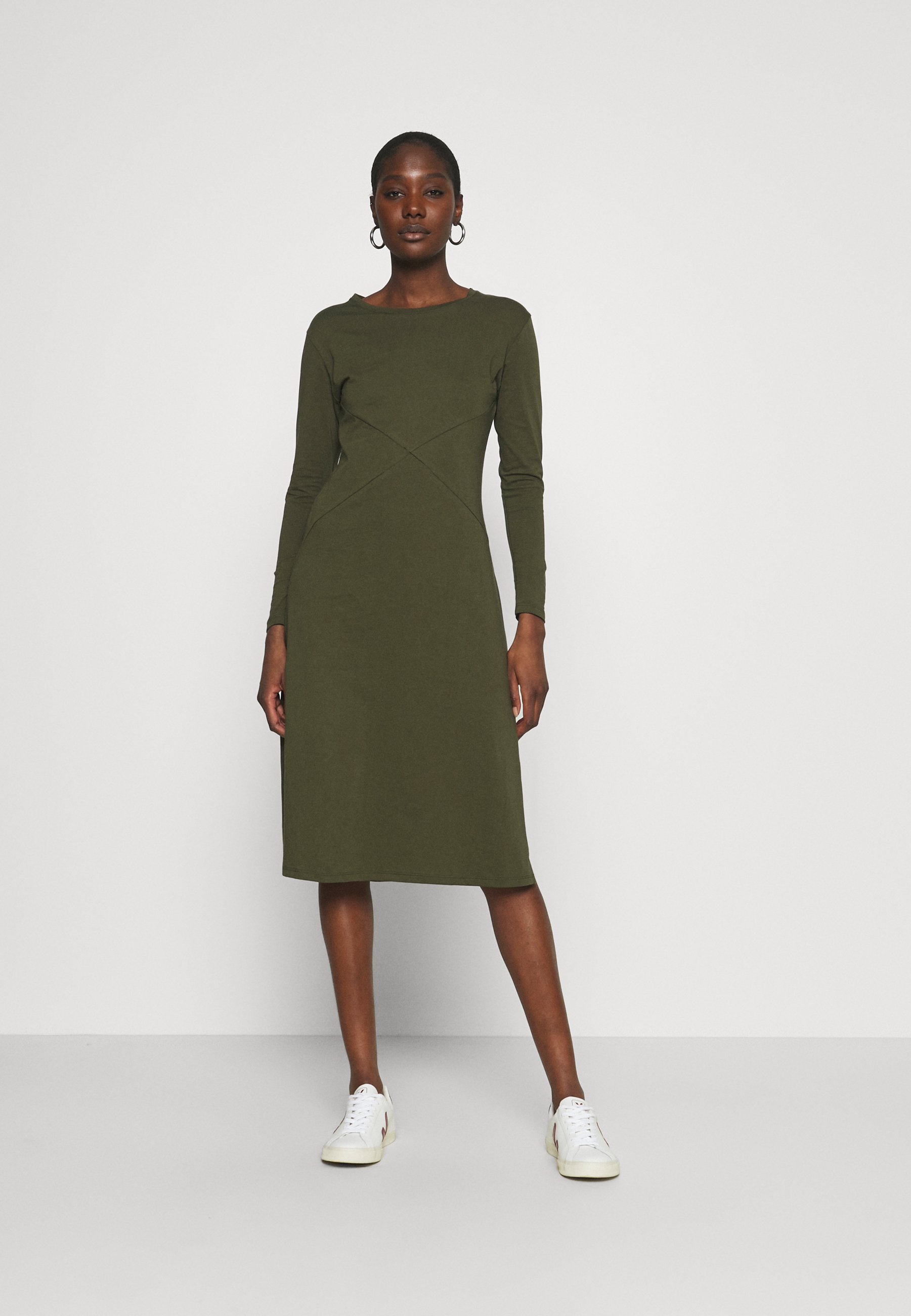 olive green midi dress with sleeves