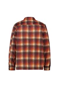 Camicia di flanella a quadri in tonalità calde di rosso, arancione e marrone. Caratterizzata da maniche lunghe, colletto classico e polsini con bottone.