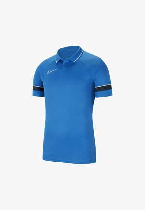 Blaues Nike-Poloshirt mit einem kontrastierenden weißen Kragen und Ausschnitt, ausgestattet mit schwarzen Armbändern, aus glattem, leichtem Stoff.
