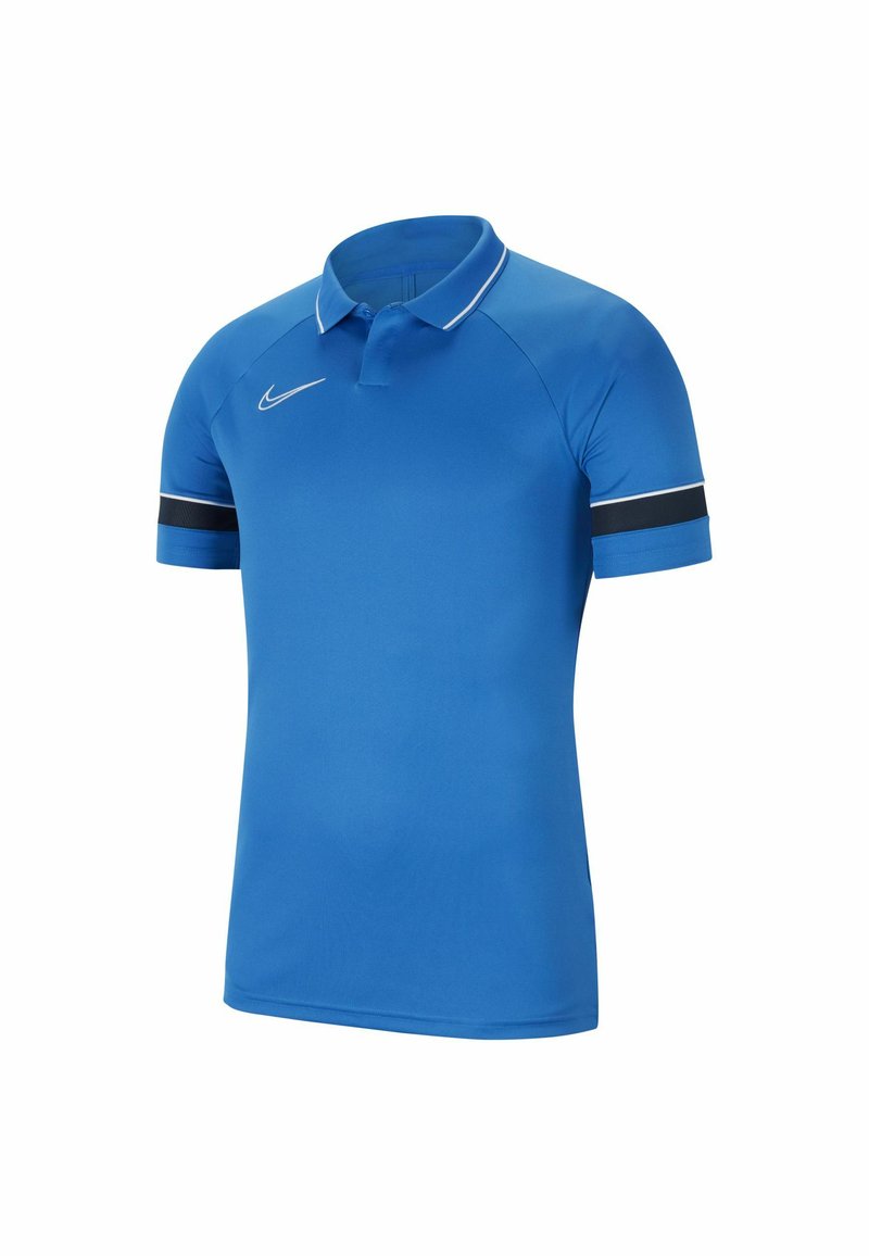 Polo shirt Nike blu con colletto e scollatura bianchi a contrasto, caratterizzato da manicotti neri, realizzato in un tessuto liscio e leggero.