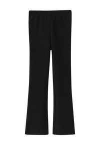 Zwarte flare leggings gemaakt van een zachte, rekbare stof. Kenmerken zijn een brede elastische tailleband en een gestroomlijnde silhouet voor comfort.