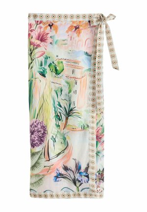 Leichter Wickelrock mit floralem Muster, pastellfarbenen tropischen Pflanzen, Blumen und Architektur, mit einem gemusterten Bindeband an der Taille.
