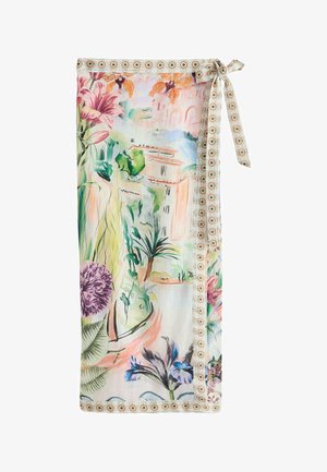 Lekka spódnica kopertowa w kwiaty z pastelowymi tropikalnymi roślinami, kwiatami i architekturą, z wzorzystym wiązaniem w talii.