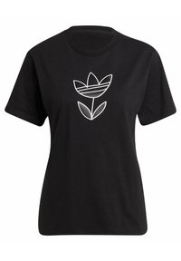 T-shirt in cotone nero con un design in linea bianca di un fiore con due foglie, colletto girocollo e maniche corte.