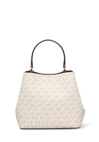 Borsa tote in tessuto color crema con motivo ripetuto del logo MK, dettagli in pelle marrone e forma strutturata. Presenta doppi manici a spalla.
