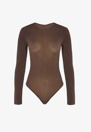 Body marron à manches longues en tissu transparent avec un col rond et une ligne centrale de petits strass sur le devant.