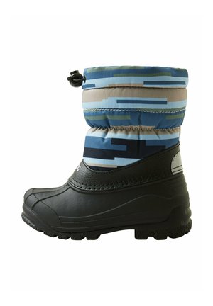 Schneestiefel mit einer schwarzen Gummibasis und einem blauen, beigen und grünen gemusterten Textilschaft. Verfügt über einen elastischen oberen Rand für einen snug fit.