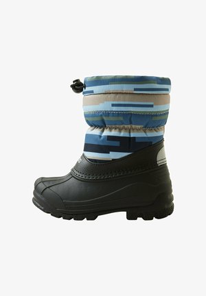Schneestiefel mit einer schwarzen Gummibasis und einem blauen, beigen und grünen gemusterten Textilschaft. Verfügt über einen elastischen oberen Rand für einen snug fit.