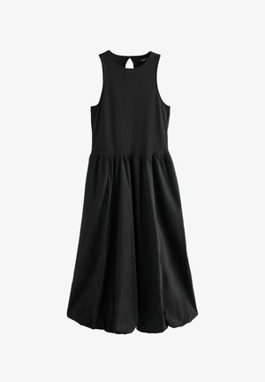 Črna brezrokavna obleka s prilegajočim topom, razširjenim krilom in izrezom v obliki ključavnice na hrbtu. Narejena je iz mehkega materiala z gladko teksturo.