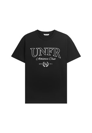 Schwarzes Kurzarm-T-Shirt mit dem weißen Text "UNFR Athletics Club ESTD 2015" und dem Lorbeerkranz-Emblem auf der Vorderseite.