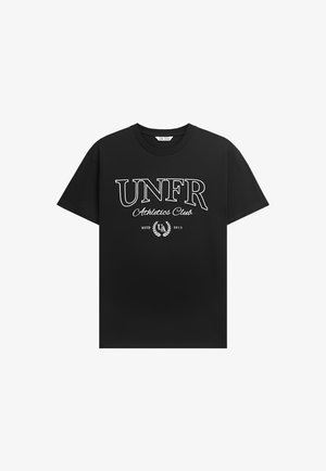 Black short-sleeve T-shirt with "UNFR Athletics Club ESTD 2015" white text and laurel wreath emblem on front.