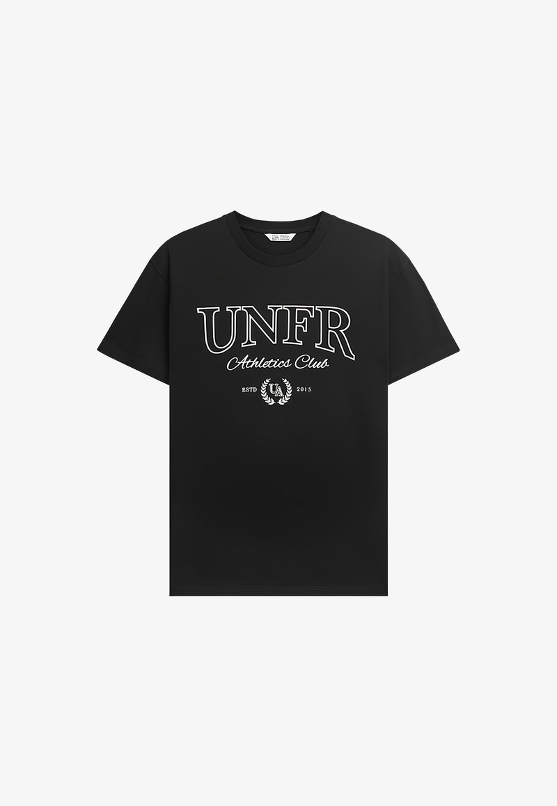 Black short-sleeve T-shirt with "UNFR Athletics Club ESTD 2015" white text and laurel wreath emblem on front.