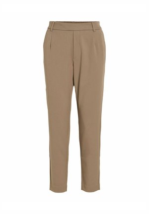 Beige tailored trousers with a flat front, elasticized waistband, and two front pockets. Smooth fabric with a straight-leg design.