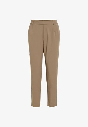 Pantalon beige sur mesure avec un devant plat, une taille élastiquée et deux poches avant. Tissu lisse avec une coupe droite.