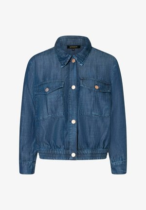Denim jacket, dark blue, with a classic collar, two front pockets, snap buttons, and elasticated hem for a fitted silhouette.