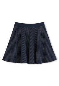 Jupe bleu marine avec des rayures blanches verticales, design plissé et taille élastique pour le confort. Tissu lisse avec une coupe évasée.