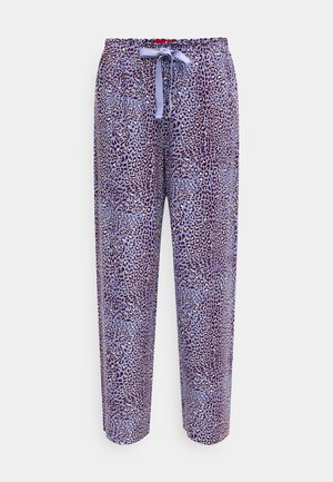 Pantaloni con stampa leopardata in azzurro chiaro e viola, dotati di vita elasticizzata con coulisse e vestibilità comoda. Tessuto dalla texture liscia.