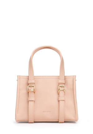 Piccola borsa rosa cipria con due manici superiori, dettagli con fibbia color oro e discreto logo "MIRAGE" al centro davanti.