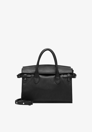 Schwarze Lederhandtasche mit zwei Griffen, abnehmbarem Schultergurt, strukturiertem Design und subtilen Nahtdetails. Glatte Textur durchgehend.