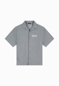 Korte mouwen shirt in lichtgrijs met een gestructureerd ruitpatroon. Heeft een klassieke kraag en knoopsluiting, met een wit geborduurd logo-detail.