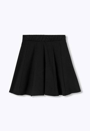 Jupe plissée noire avec une taille élastique, faite d'un tissu léger. Présente une forme évasée et une texture douce.