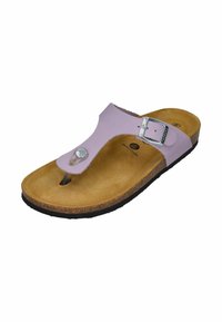 Hellblaues Flip-Flop mit einer Schnallenakzent, Korkfußbett und strukturiertem braunen Innensohle. Mit einer Gummisohle für Grip und Langlebigkeit.