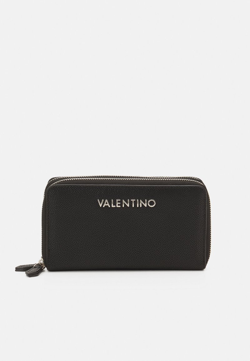 Black leather wallet with a textured finish, silver zipper, and embossed "Valentino" logo on the front. Slim, rectangular shape.