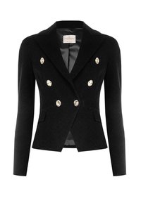 Blazer croisé noir à motif chevrons avec boutons métalliques, revers encadrés et une doublure intérieure lisse. Deux poches avant visibles.