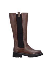 Brown leather knee-high boot with black elastic side panel, round toe, thick black rubber sole, and a pull tab at the rear.