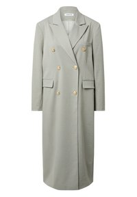 Manteau gris clair à double boutonnage avec col cranté, boutons dorés, deux poches avant et coupe jusqu'aux genoux. Texture lisse.