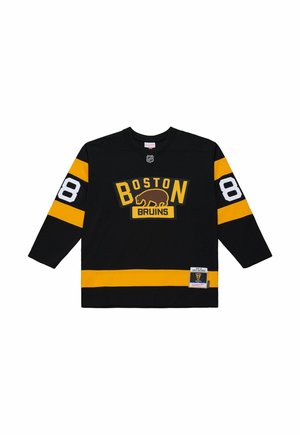 Black Boston Bruins hockey jersey with yellow stripes, number 88 on sleeves, and a bear logo on the chest.