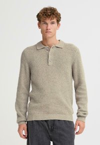 Light gray knit pullover with a textured pattern, two-button collar, and long sleeves, featuring contrasting tonal flecks throughout.